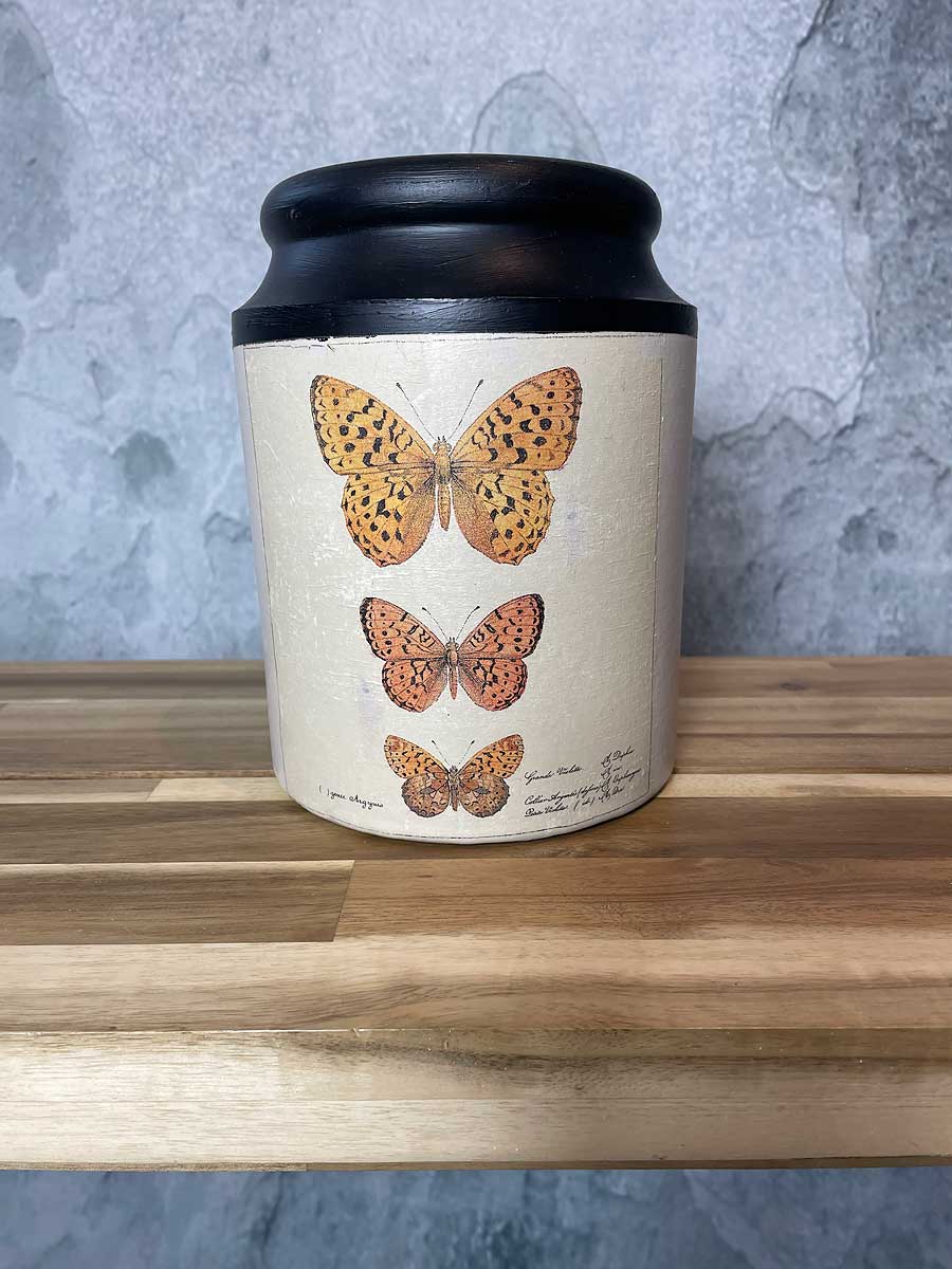 Hand painted Decoupaged Earthenware Jar - Butterflies