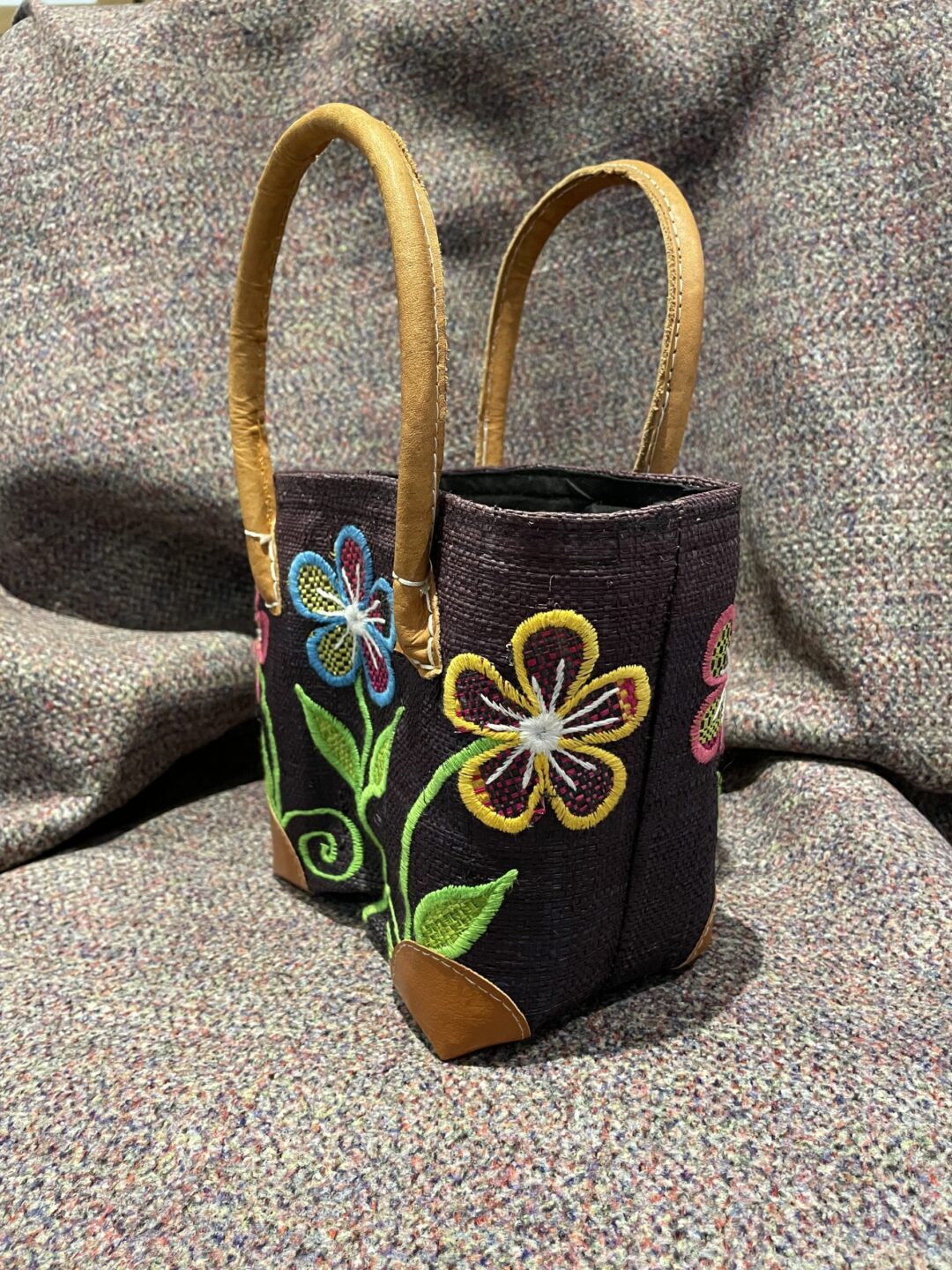 Handmade Bag/ Basket with Embroidered Motifs - Image 2