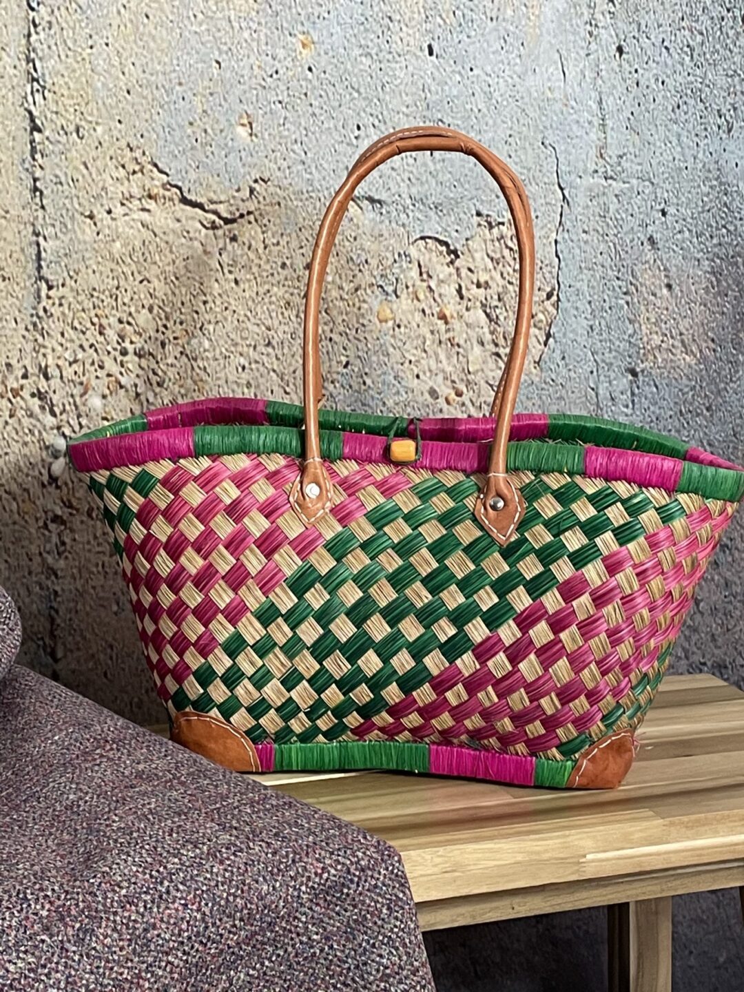 Medium Deluxe French Market Basket in Bright Pink & Green - Image 2