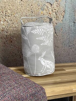 Grey & White Hare and Thistle Fabric Doorstop with Handle